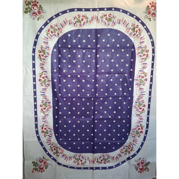 Heavyweight Linen Rectangle Purple Tan Floral Print Fabric Table Cloth 54 x 70 - Picture 2 of 7